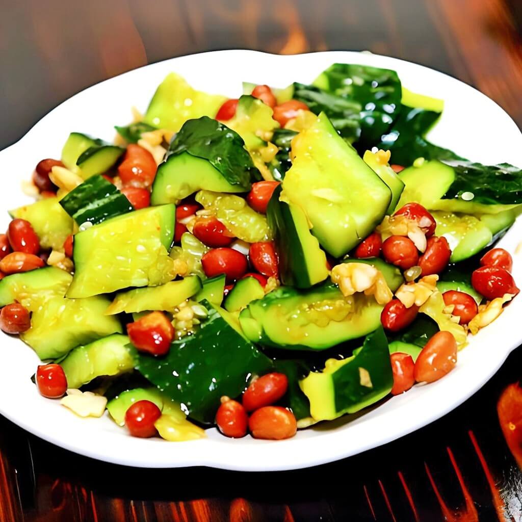 Salată de castraveți cu alune și sos ușor picant, presărată cu susan. O preparație vegană, crocantă și răcoroasă, servită la restaurantul Jin Ding din Sector 2, București. Preț 45 LEI/250g.