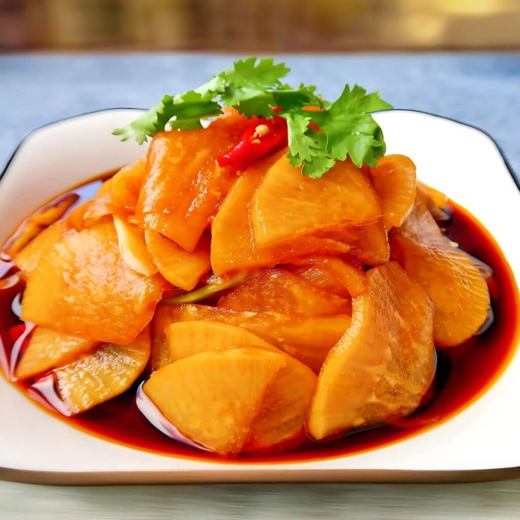 Ridichi murați, un aperitiv tradițional chinezesc crocant și revigorant, cu gust sărat-acrișor și ușor picant, servit la restaurantul Jin Ding din Sector 2, București. Preț 50 LEI/200g.