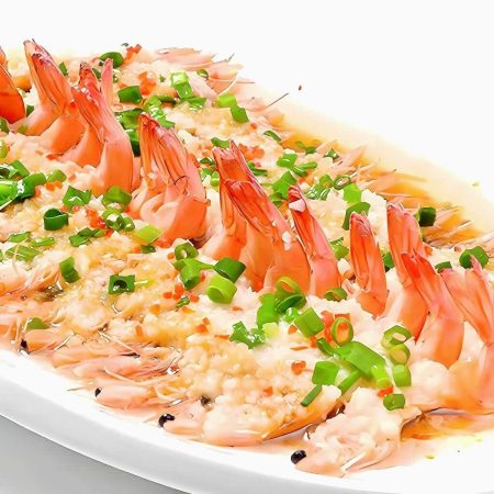 Creveți cu sos de usturoi, 10 bucăți de creveți proaspeți învăluiți într-un sos bogat și aromat, serviți la restaurantul Jin Ding din Sector 2, București. Preț 98 LEI/250g.