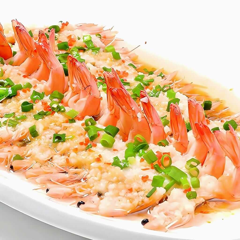 Creveți cu sos de usturoi, 10 bucăți de creveți proaspeți învăluiți într-un sos bogat și aromat, serviți la restaurantul Jin Ding din Sector 2, București. Preț 98 LEI/250g.