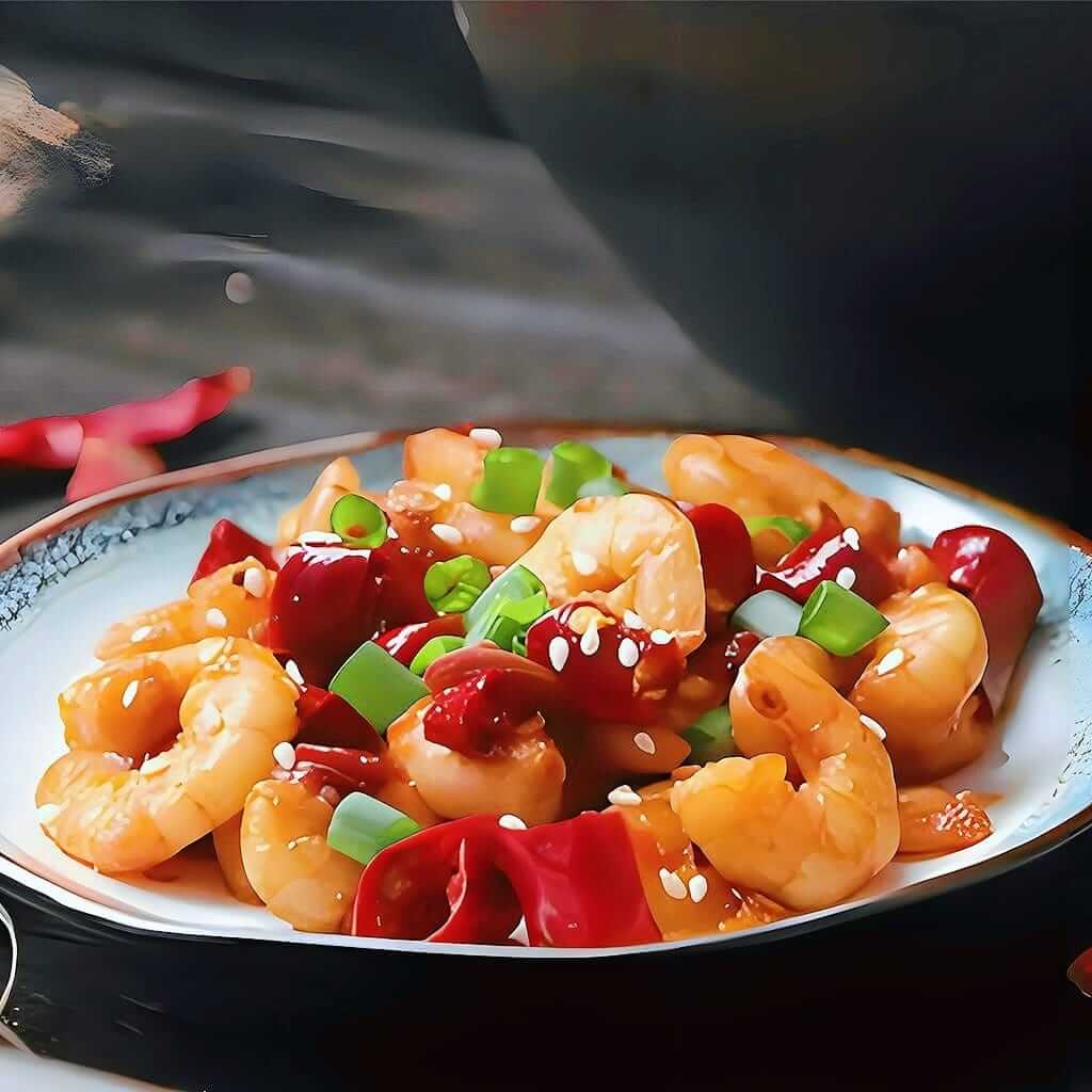 Creveți Szechuan iute, un fel principal autentic picant cu creveți suculenți, bambus și legume, servit la restaurantul Jin Ding din Sector 2, București. Preț 70 LEI/300g.