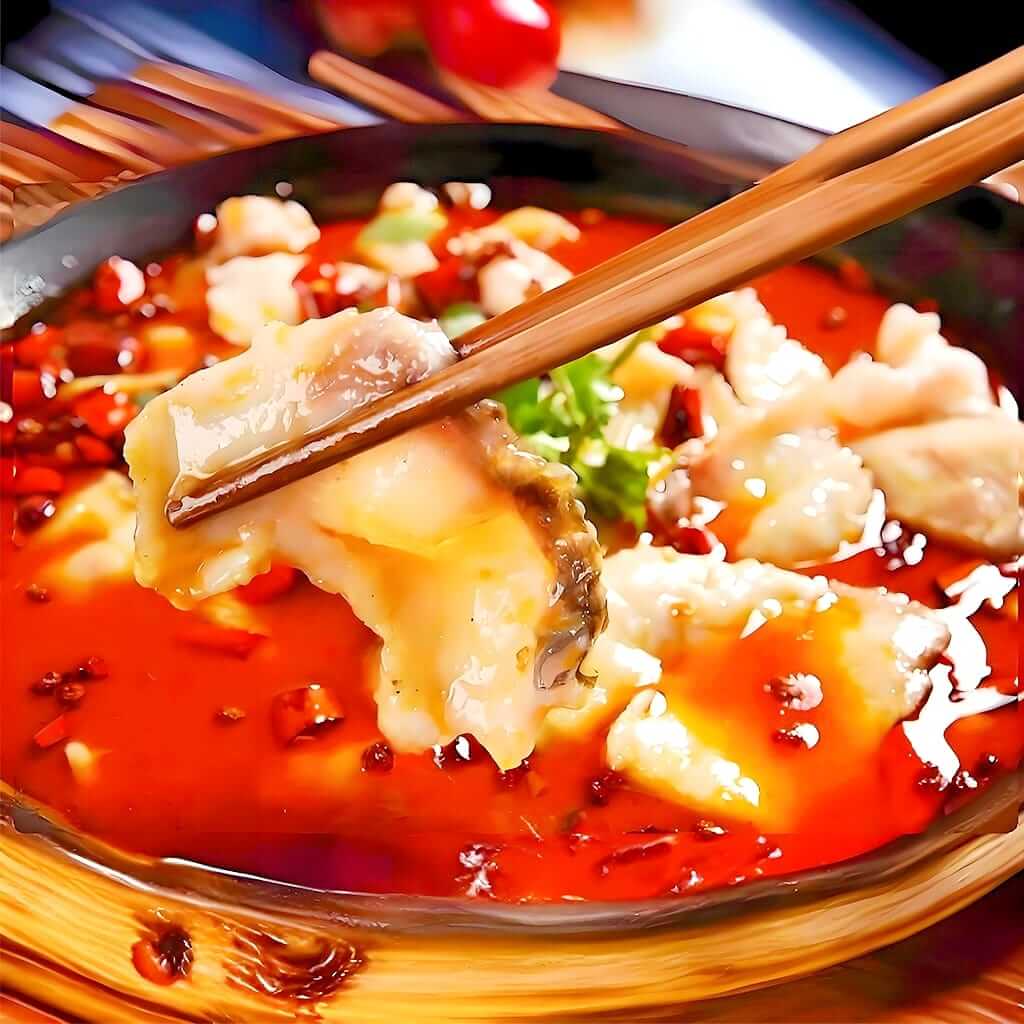 Pește crap în sos iute, un preparat tradițional chinezesc cu crap proaspăt, legume și ardei iute, servit la restaurantul Jin Ding din Sector 2, București. Preț 138 LEI/1 kg.