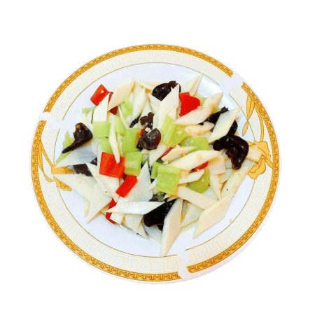 Taro fresh cu legume, un preparat exotic cu rădăcină de taro și ardei gras, servit la restaurantul Jin Ding din Sector 2, București. Preț 48 LEI/200g.