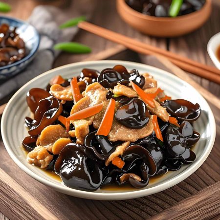 Vită cu urechi de lemn și morcovi, un fel principal autentic cu carne fragedă de vită și ciuperci cloud ear cu textură crocantă, servit la restaurantul Jin Ding din Sector 2, București. Preț 55 LEI/350g.