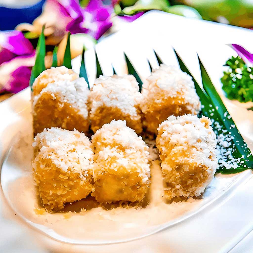 Banana prăjită cu nucă de cocos, un desert exotic crocant servit cu lapte condensat la restaurantul Jin Ding din Sector 2, București. Preț 38 LEI/200g.