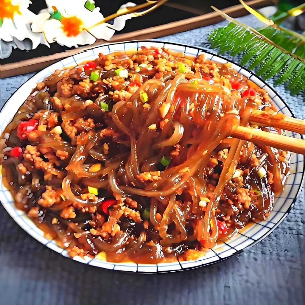 Furnici pe copac, un preparat tradițional chinezesc cu spaghete de orez, carne de porc tocată, legume mixte și susan, servit la restaurantul Jin Ding din Sector 2, București. Preț 35 LEI/300g.