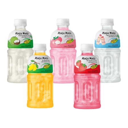 Mogu, băuturi răcoritoare cu arome de cocos, piersici, iaurt, mango și căpșuni, 320 ml, servite la restaurantul Jin Ding din Sector 2, București.