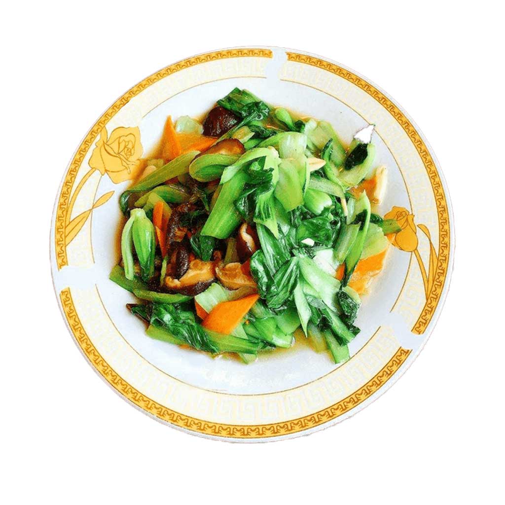 Salată chinezească verde cu ciuperci, morcov și usturoi, un aperitiv proaspăt și ușor, servit la restaurantul Jin Ding din Sector 2, București. Preț 38 LEI/300g.