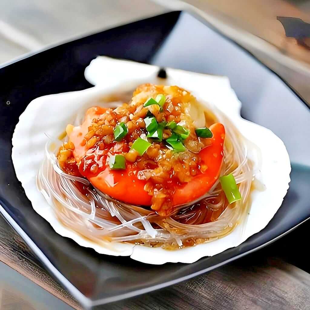 Scoici de geac cu usturoi, servite cu spaghete și ceapă verde, un preparat marin delicios la restaurantul Jin Ding din Sector 2, București. Preț 25 LEI/buc, minim 3 bucăți.